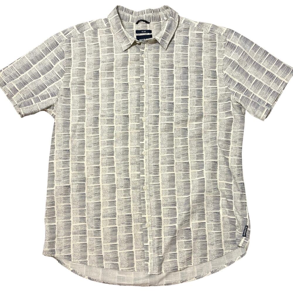 prAna Men’s Slim Fit Short Sleeve Button Up Shirt Cream Gray Print Size XL - Picture 3 of 11